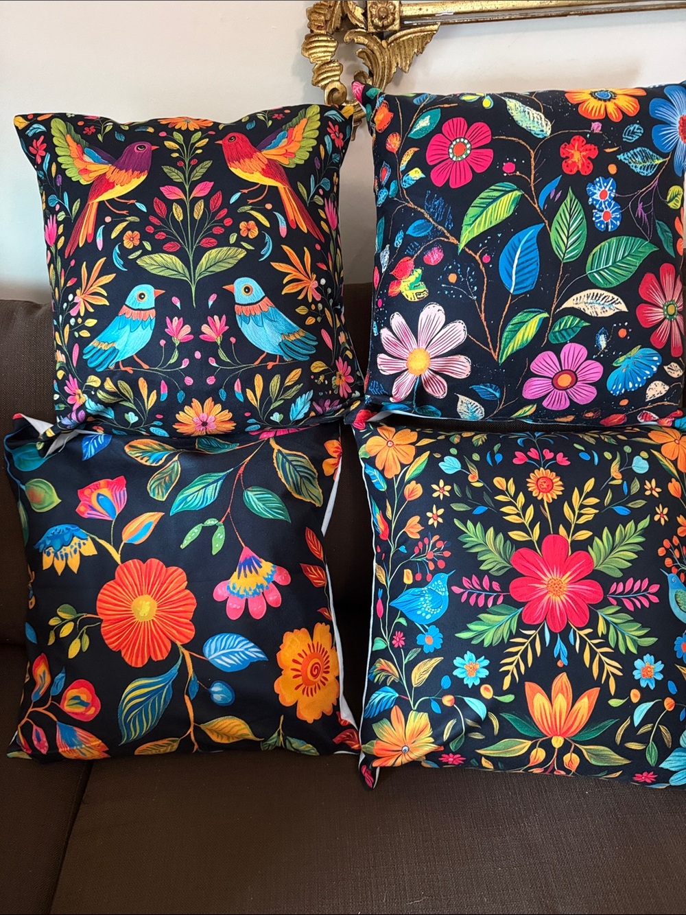 Set of four Black Floral & Bird Accent Pillow cases - Vibrant Multicolor 16x16